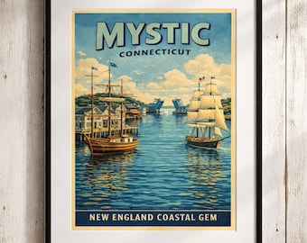 Póster de Mystic Connecticut / Lámina decorativa vintage de un puerto costero