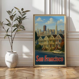 San Francisco Travel Poster: Painted Ladies, Retro Skyline Art
