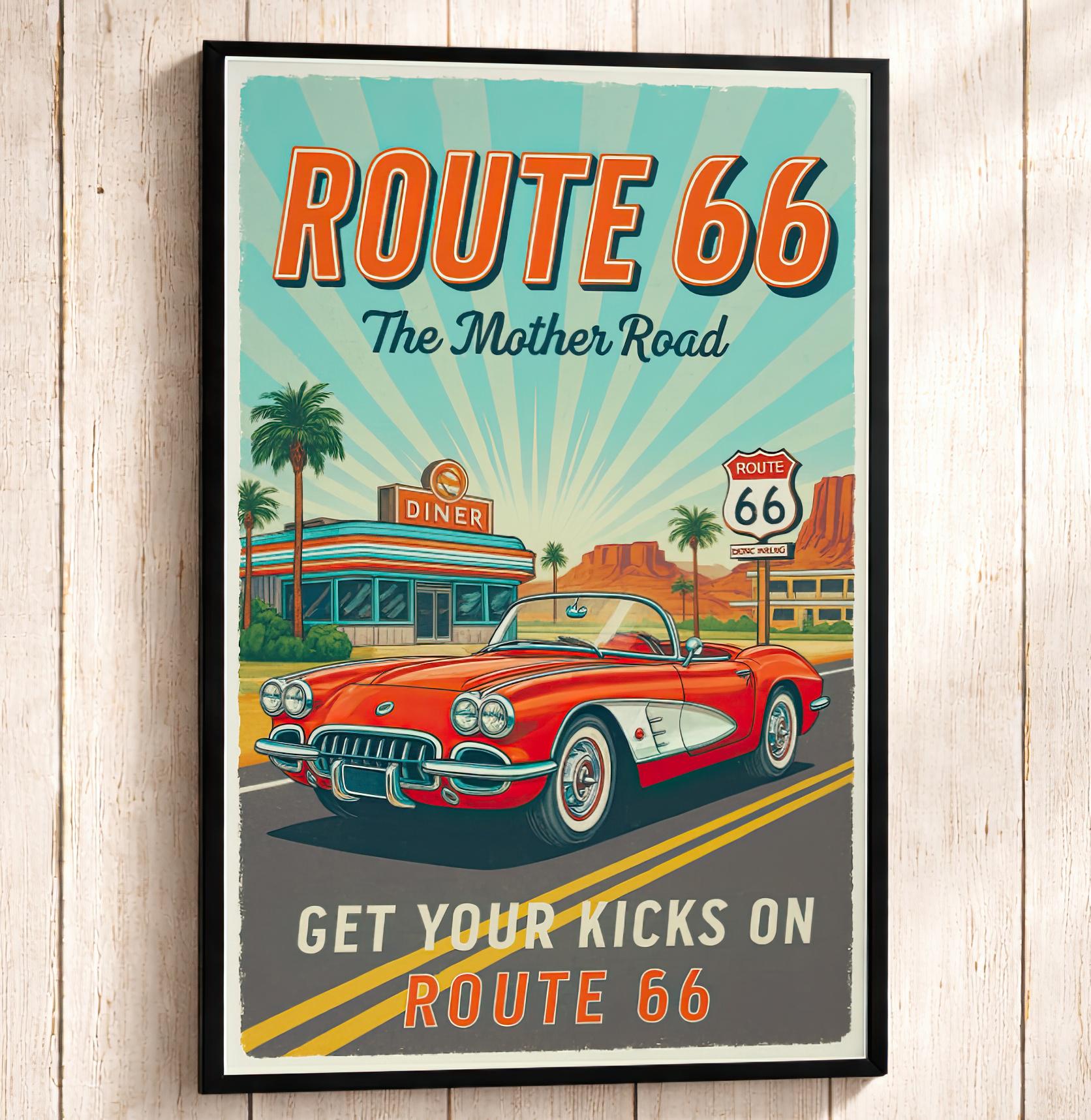 【希少】 BABYL ポートレート ポスターJohn McMurtrie Retro Route 66 Poster With Red Corvette Convertible Art, Vintage