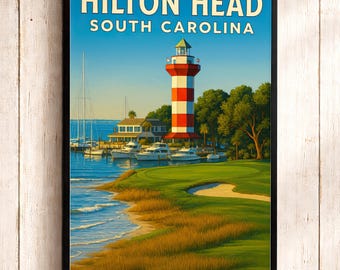 Hilton Head Travel Poster: Harbour Town Lighthouse, Coastal Golf Course Art