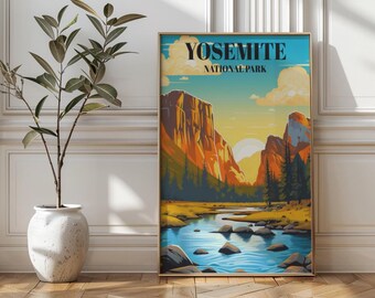 May include: A vintage-style poster with a scenic view of Yosemite National Park. The poster features a blue sky with white clouds, a river flowing through a valley, and towering cliffs in the background. The text "Yosemite National Park" is printed in black at the top of the poster.