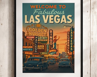Vintage Las Vegas Travel Poster: 1950s Retro Vegas Strip Art