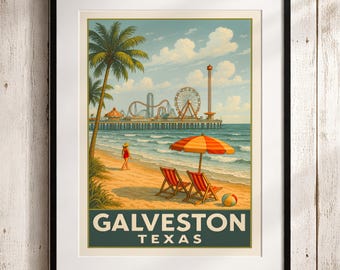 Puede incluir: Un póster de viaje enmarcado de Galveston, Texas, que muestra una playa de arena con dos tumbonas de rayas rojas, una sombrilla naranja y amarilla, una pelota de playa y una persona caminando. Un muelle con atracciones se ve en el mar.