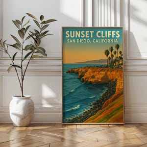Sunset Cliffs San Diego Travel Poster, California Coastline Wall Art Print, Vintage Style Ocean Sunset Cliffside Landscape, Beach Decor