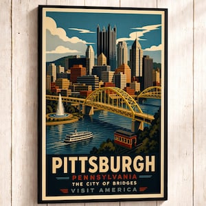Pittsburgh Pennsylvania Poster Vintage Resetryck Stadssilhuett Väggkonst
