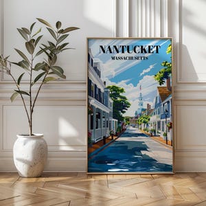 Downtown Nantucket Travel Poster - Vintage New England Art Print, Historic Cobblestone Streets, Coastal Wall Decor, Downtown Island Charm