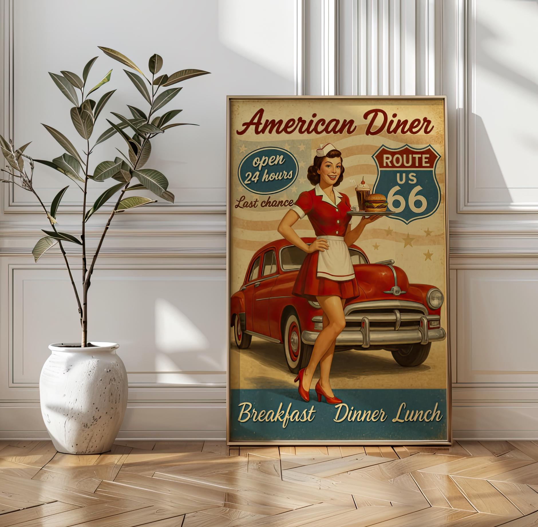 Vintage Route 66 American Diner Travel Poster, Retro 1950s Wall Art Print with Classic Car & Waitress,  Road Trip Decor for Cafe, or Garage