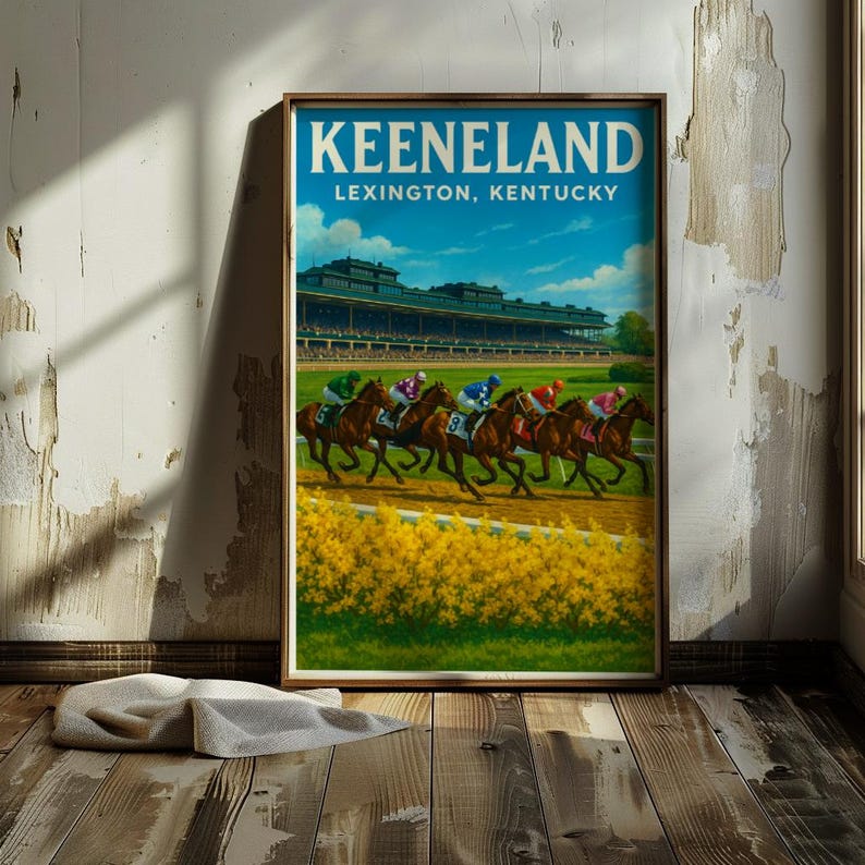 K&ouml;nnte beinhalten: Ein gerahmter Druck eines Pferderennens in Keeneland, Lexington, Kentucky. Das Bild zeigt einen leuchtend blauen Himmel, eine gr&uuml;ne Trib&uuml;ne und mehrere Pferde mit Jockeys in bunten Seiden, die auf einer Rennstrecke aus Erde rennen. Gelbe Blumen s&auml;umen den Vordergrund.