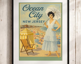Ocean City New Jersey Vintage Travel Poster: Retro Beach Illustration