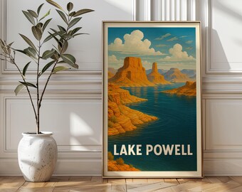 Lake Powell Utah wall art travel poster, desert landscape illustration print
