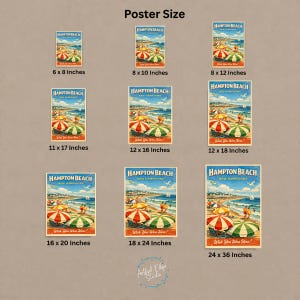 May include: A collection of vintage-style Hampton Beach posters in various sizes, showcasing a beach scene with colorful umbrellas, the ocean, and the text "Wish You Were Here!". Sizes range from 6 x 8 inches to 24 x 36 inches.