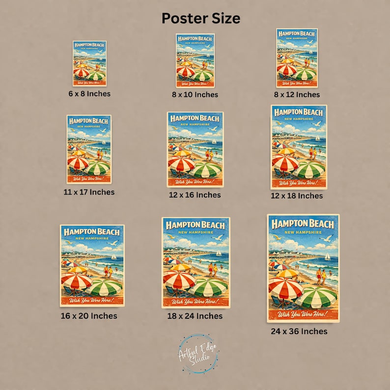 May include: A collection of vintage-style Hampton Beach posters in various sizes, showcasing a beach scene with colorful umbrellas, the ocean, and the text "Wish You Were Here!". Sizes range from 6 x 8 inches to 24 x 36 inches.