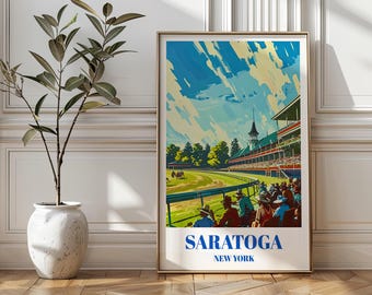 Vintage Style Saratoga Race Course Travel Poster Print - Horse Racing Art Decor for Home or Office - Historic Saratoga Springs, NY Wall Art
