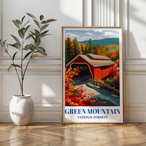 Green Mountain National Forest, Vermont Reiseplakat, rote überdachte Brücke, lebendiges Herbstlaub, rustikale Wandkunst, Malerische Landschaft in Vermont