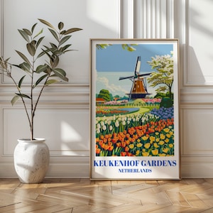 Keukenhof Gärten Niederlande Reiseplakat, Tulpenfelder Frühlingslandschaft, Blumenkunstdruck für Wohnkultur, Holland Botanischer Garten