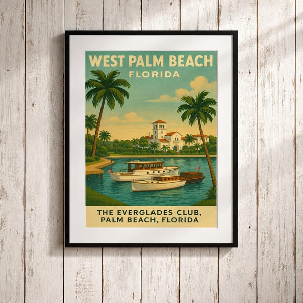 Vintage West Palm Beach Travel Poster – Everglades Club Coastal Art Print