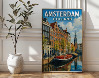 Amsterdam Canal Art Print: Vintage Dutch Travel Poster