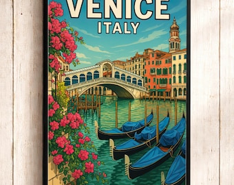 Venice Italy Travel Poster: Vintage Rialto Bridge & Gondolas Art Print