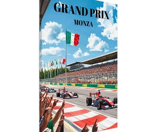 May include: A colorful illustration of a Formula One race at Monza, Italy. The image features a red and black race car speeding down the track, with a crowd of people cheering in the foreground. The text "GRAND PRIX MONZA" is displayed at the top of the image.