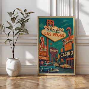 Póster de viaje de Las Vegas de estilo vintage, impresión de arte mural retro de los años 50, decoración de Nevada de mediados de siglo, póster retro de la Franja de Las Vegas, obra de arte de viaje clásica