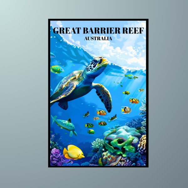 Colorful Great Barrier Reef Australia Travel Poster - Tropical Coral Reef Seascape Wall Art, Marine Life Decor, Ocean Adventure Print