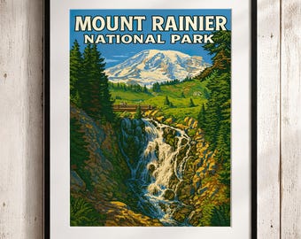 Mount Rainier National Park Poster Waterfall Landscape Art Vintage Print