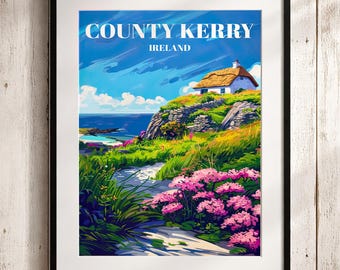 Póster turístico del condado de Kerry, Irlanda: Lámina artística de una cabaña rústica irlandesa.