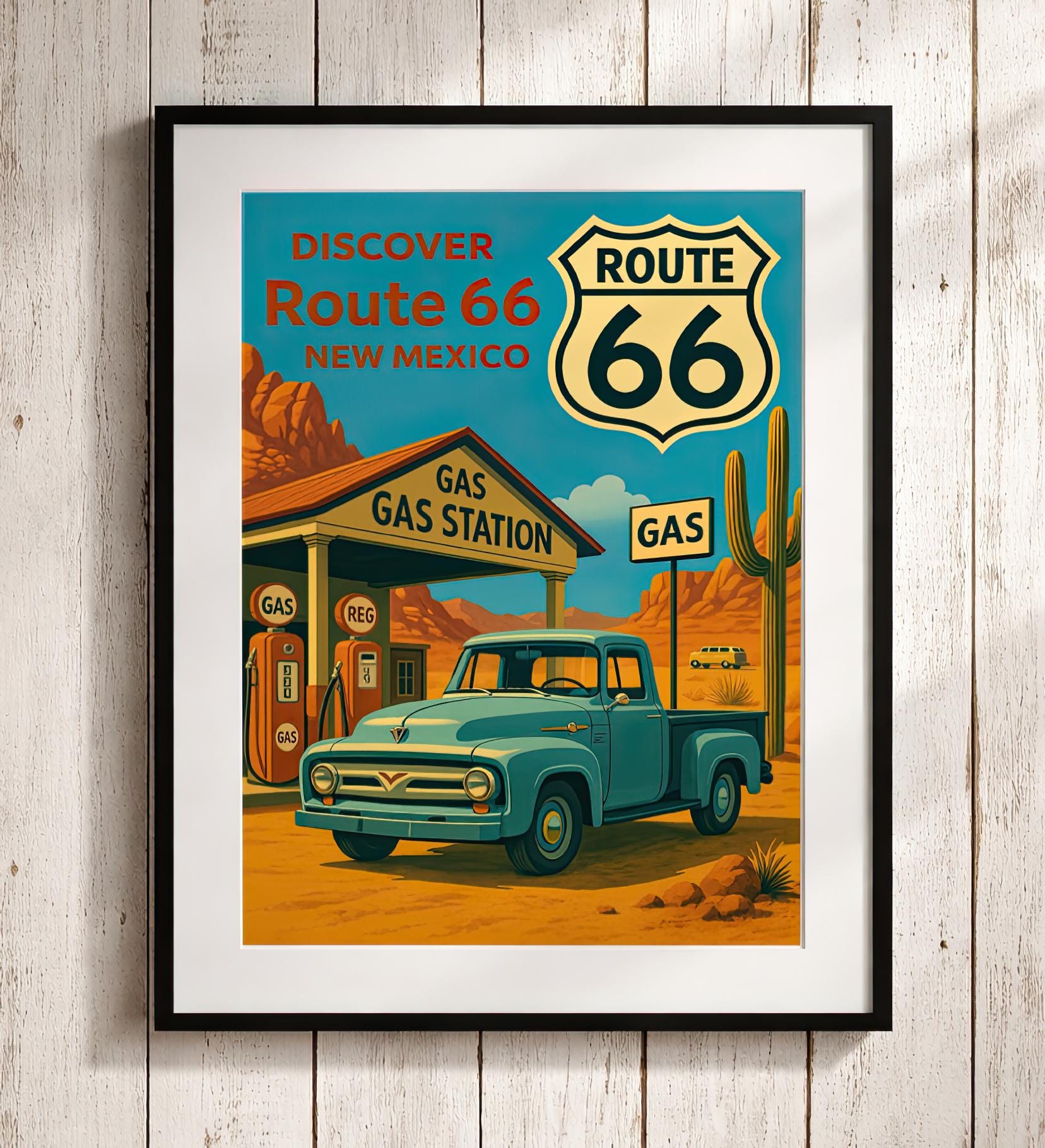 Vintage Route 66 Poster: Retro Ford Truck, New Mexico Travel Art