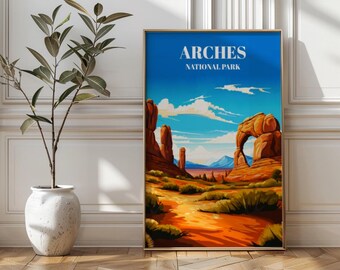 May include: A vintage-style poster with a blue background and white text that reads "ARCHES NATIONAL PARK". The poster features a colorful illustration of a red rock arch formation in a desert landscape.
