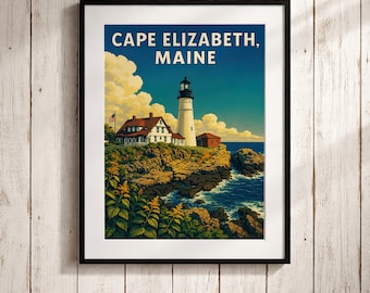 Cape Elizabeth Maine Lighthouse Poster – Portland Head Light Vintage Wall Art