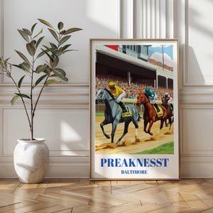 プリークネスステークスのボルチモアの旅行ポスター、ピムリコ競馬場、メリーランド競馬アートプリント、ビンテージスタイルの乗馬装飾