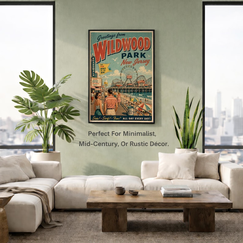 May include: A framed vintage-style poster with the text "Greetings from Wildwood Park New Jersey." The poster features a boardwalk scene with a Ferris wheel, people, and the words "Sun! Surf! Fun! All Day Every Day!"