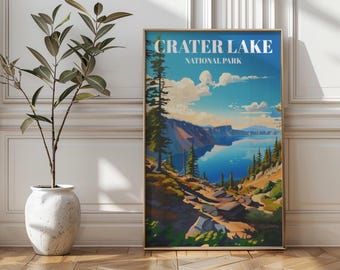 May include: A vintage-style poster featuring a scenic view of Crater Lake National Park. The poster has a blue sky with white clouds, a lake surrounded by trees, and the text "CRATER LAKE NATIONAL PARK" in white letters.