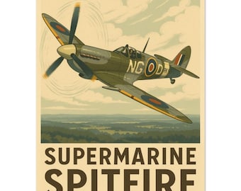 Op de afbeelding: Een poster in vintage-stijl met een Supermarine Spitfire vliegtuig in de lucht tegen een bewolkte hemel. Het toestel is olijfgroen met ronde markeringen en de tekst NG D op de zijkant. De woorden SUPERMARINE SPITFIRE staan in vetgedrukte letters.