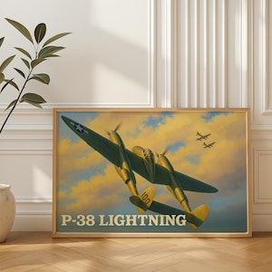 P-38 Lightning Vintage Aircraft Poster – WWII Fighter Plane Wall Art Print – Aviation Decor for History Buffs and Military Collectors