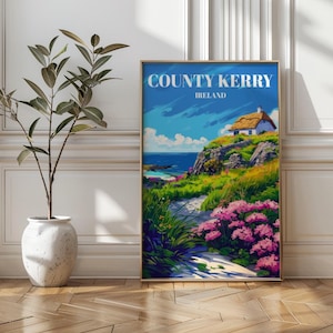County Kerry, Ireland Travel Poster: Rustic Countryside Home Decor, Charming Irish Cottage in the Ring of Kerry Landscape Art Print,