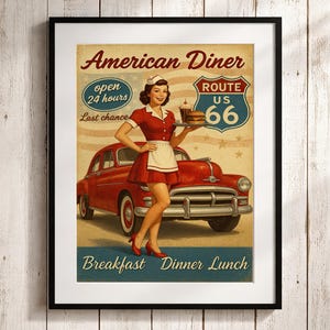 Póster vintage de restaurante de la Ruta 66: arte mural retro americano de los años 50