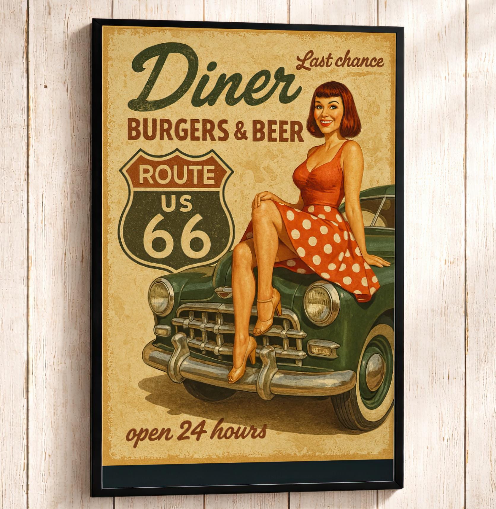 Route 66 Diner Poster: Retro Pin-up Girl & Classic Car Art Print - Etsy