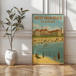 Vintage 1900s Style West Palm Beach Florida Hotel Travel Poster Print – Retro Beach Scene Wall Art with Swimmers – Historic Coastal Florida