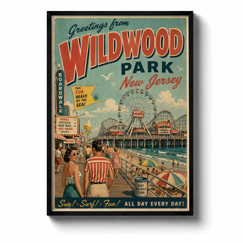 May include: Vintage-style framed poster featuring a boardwalk scene from Wildwood Park, New Jersey. The poster has a retro design with text that reads "Greetings from Wildwood Park, New Jersey." The image includes a Ferris wheel, roller coasters, and people enjoying the beach.