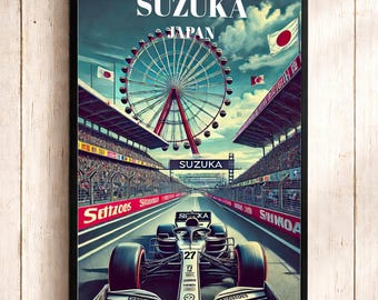 May include: A framed poster featuring a Formula 1 race car on a track at Suzuka, Japan. The scene includes a large Ferris wheel in the background, grandstands filled with spectators, and Japanese flags. The text reads SUZUKA JAPAN.