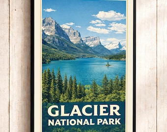 May include: A framed vertical poster featuring a landscape illustration of Glacier National Park. The image displays a bright blue lake surrounded by evergreen trees, towering snow-capped mountains, and a clear sky with white clouds. The text reads GLACIER NATIONAL PARK.