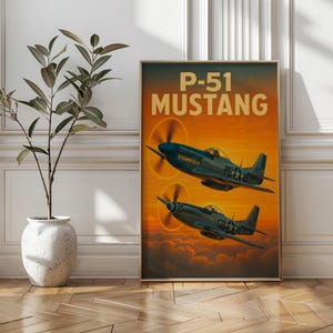 P-51 Mustang Aviation Poster, WWII Fighter Plane Wall Art, Military Aircraft Illustration, Warbird Decor for Office or Aviation Enthusiast
