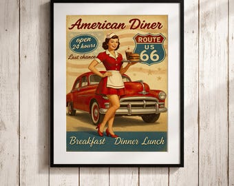 Vintage Route 66 Diner Poster: 1950s Retro Americana Wall Art - Etsy