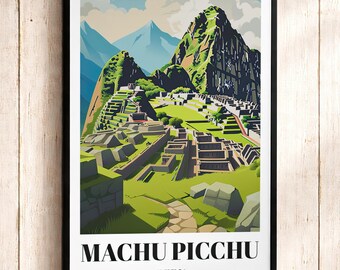 May include: A framed wall art print featuring a stylized illustration of the Machu Picchu ruins in Peru. The image displays green terraced hills, stone structures, and mountain peaks under a cloudy sky. The text reads MACHU PICCHU PERU.