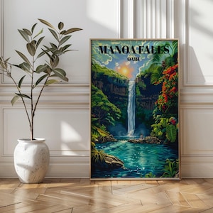 Manoa Falls Reiseplakat, Atemberaubender Honolulu Hawaii Wasserfall Druck, Üppige Tropenwald Wandkunst, Hawaiianische Naturlandschaft Dekor