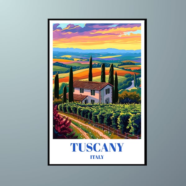 Chianti Region Wineries in Tuscany, Italy Travel Poster, Rustic Wall Art Decor Featuring Rolling Vineyards, and Tuscan Countryside Landscape