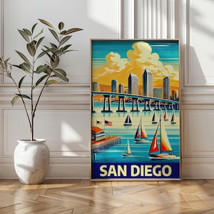 San Diego Travel Poster: Vintage California Skyline & Coronado Bridge