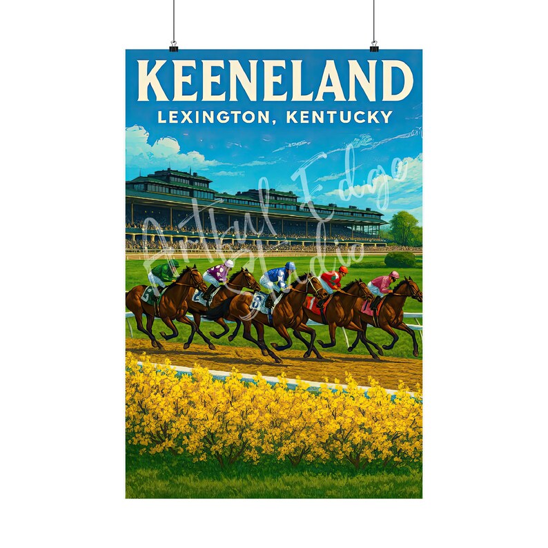 K&ouml;nnte beinhalten: Ein Poster mit einem Pferderennen in Keeneland, Lexington, Kentucky. Das Bild zeigt Pferde mit Jockeys in bunten Seiden, die auf einer Rennstrecke aus Erde rennen, mit einer Trib&uuml;ne und blauem Himmel im Hintergrund.