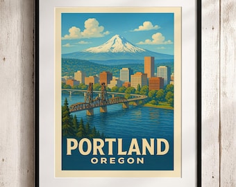 Portland Oregon Travel Poster Print, Vintage Skyline Art, Mount Hood Wall Decor